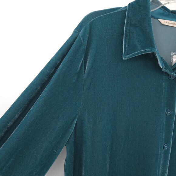 Soft Surroundings NWT velvet boyfriend button down tunic top Size L teal stretch - Picture 2 of 8